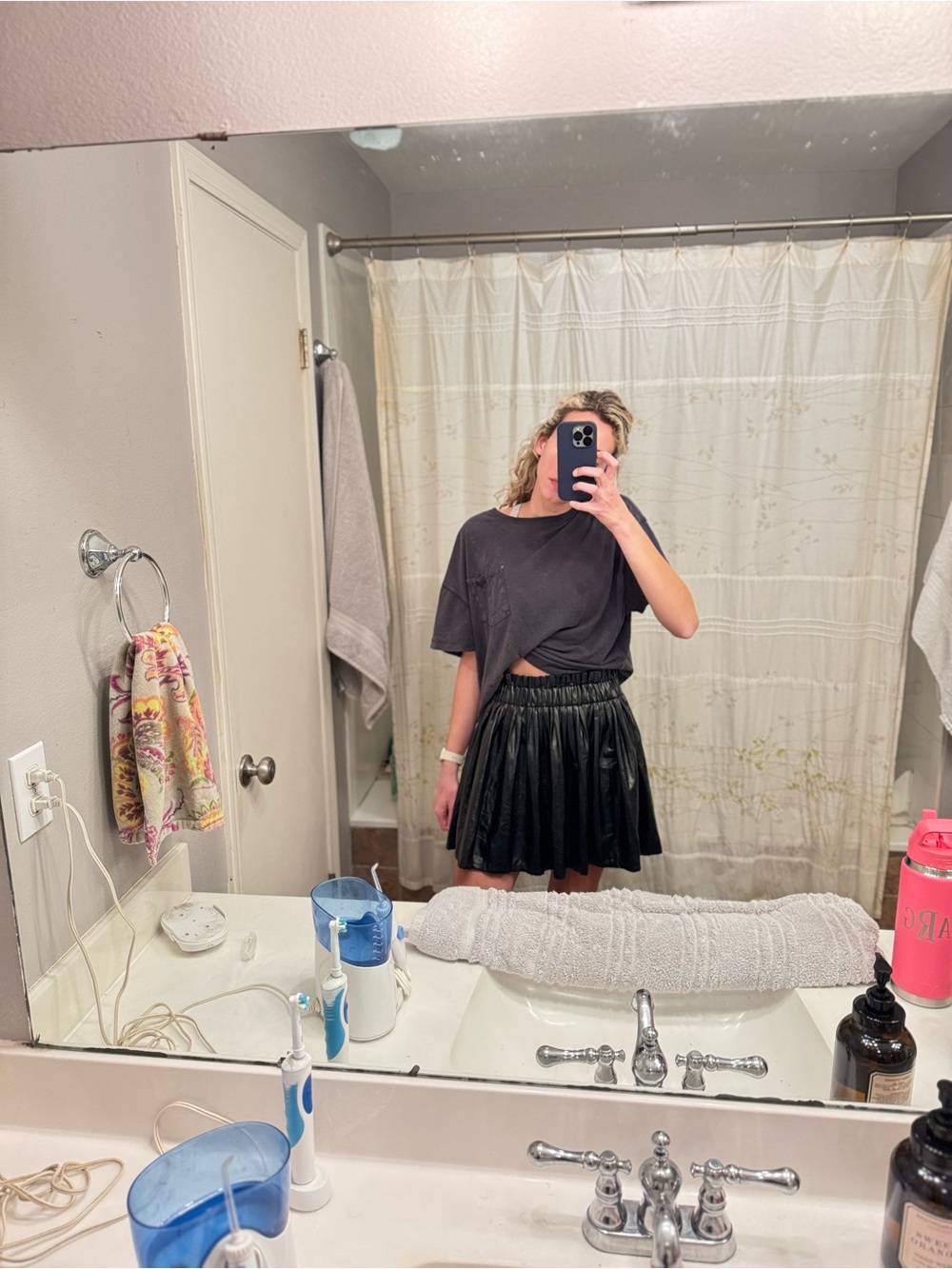 Pleated leather mini skort